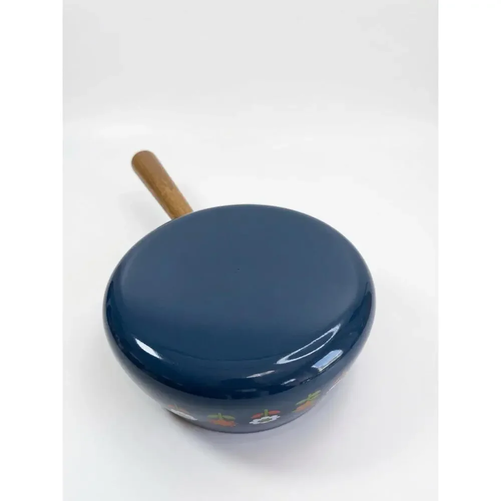 Vintage 1970s Enamel Fondue Pot | Navy Retro Daisy Flower Pattern, Teak Handle